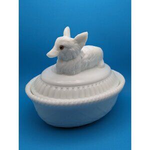 VTG Westmoreland Fox On Nest Basket Covered Dish Milk Glass Amber Eyes ~ Mint